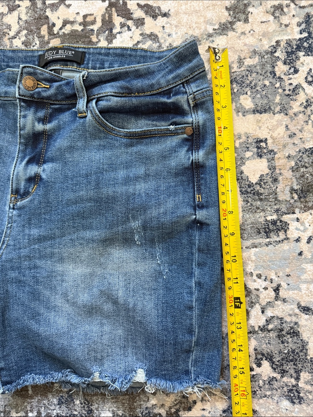 Judy Blue Medium Blue Distressed Frayed Hem Jean Shorts - Picture 5 of 9